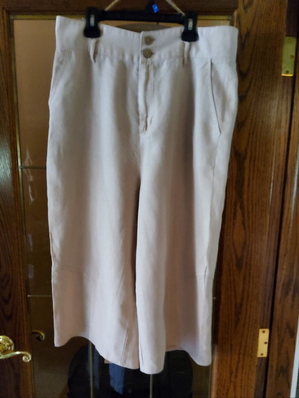 Nicole Miller Light Tan Wide-Leg High-Rise Crop Pants - 100% Linen